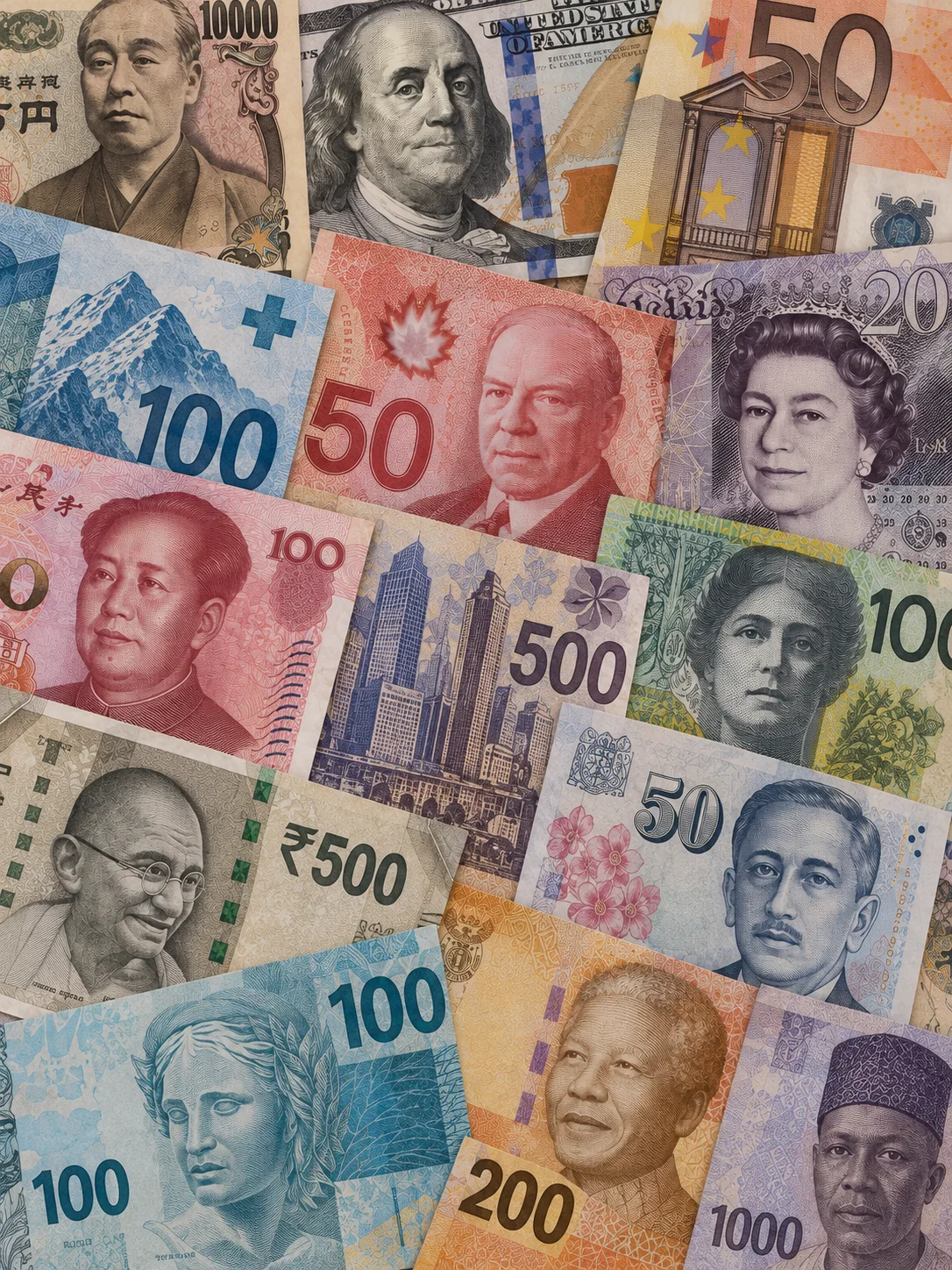 An editorial collage of overlapping world banknotes, with engraved portraits, architecture, currency numerals, and colorful printed patterns.