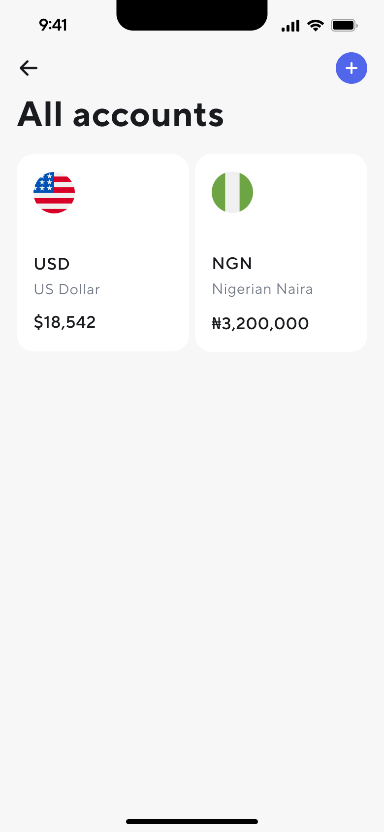 The Dara app's account list, showing a US dollar balance of $18,542 beside a Nigerian naira balance of ₦3,200,000