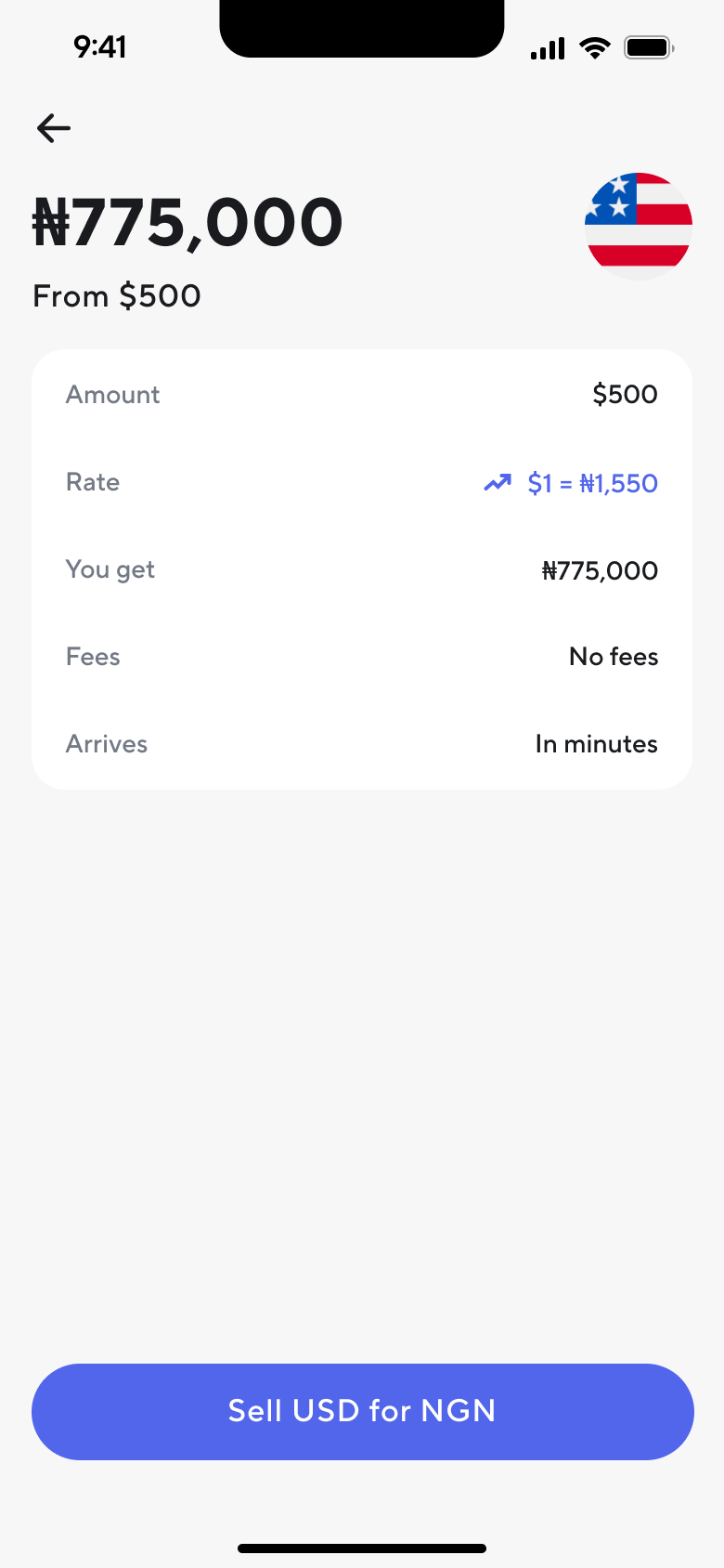 Selling $500 for ₦775,000 in the Dara app, at $1 to ₦1,550, with no fees and arrival in minutes