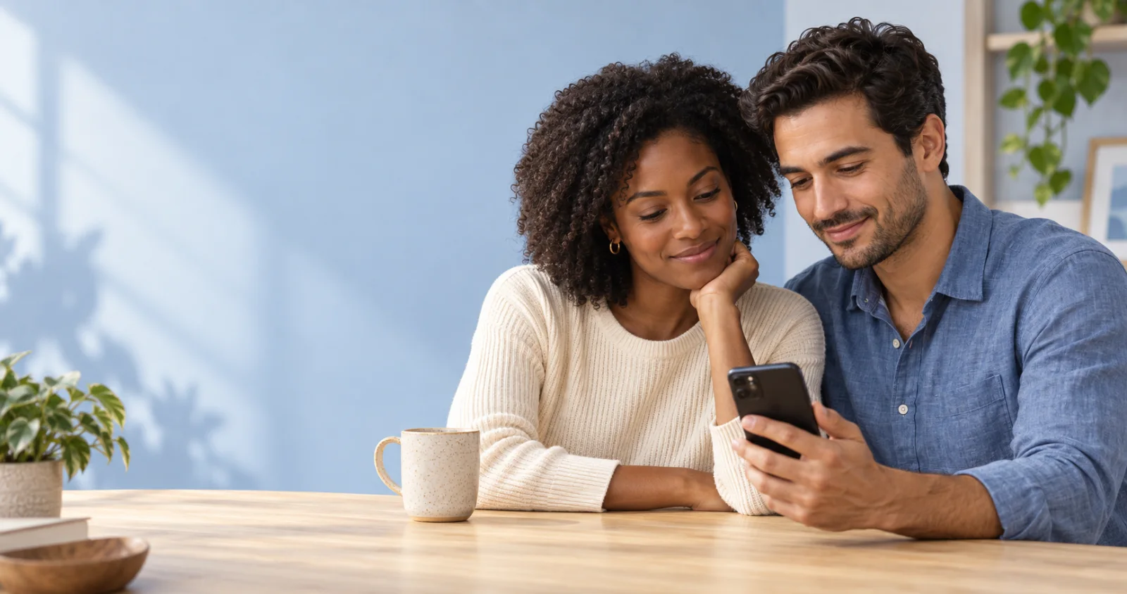 A couple sitting together at an oak table, looking at a phone in a sunlit blue room.