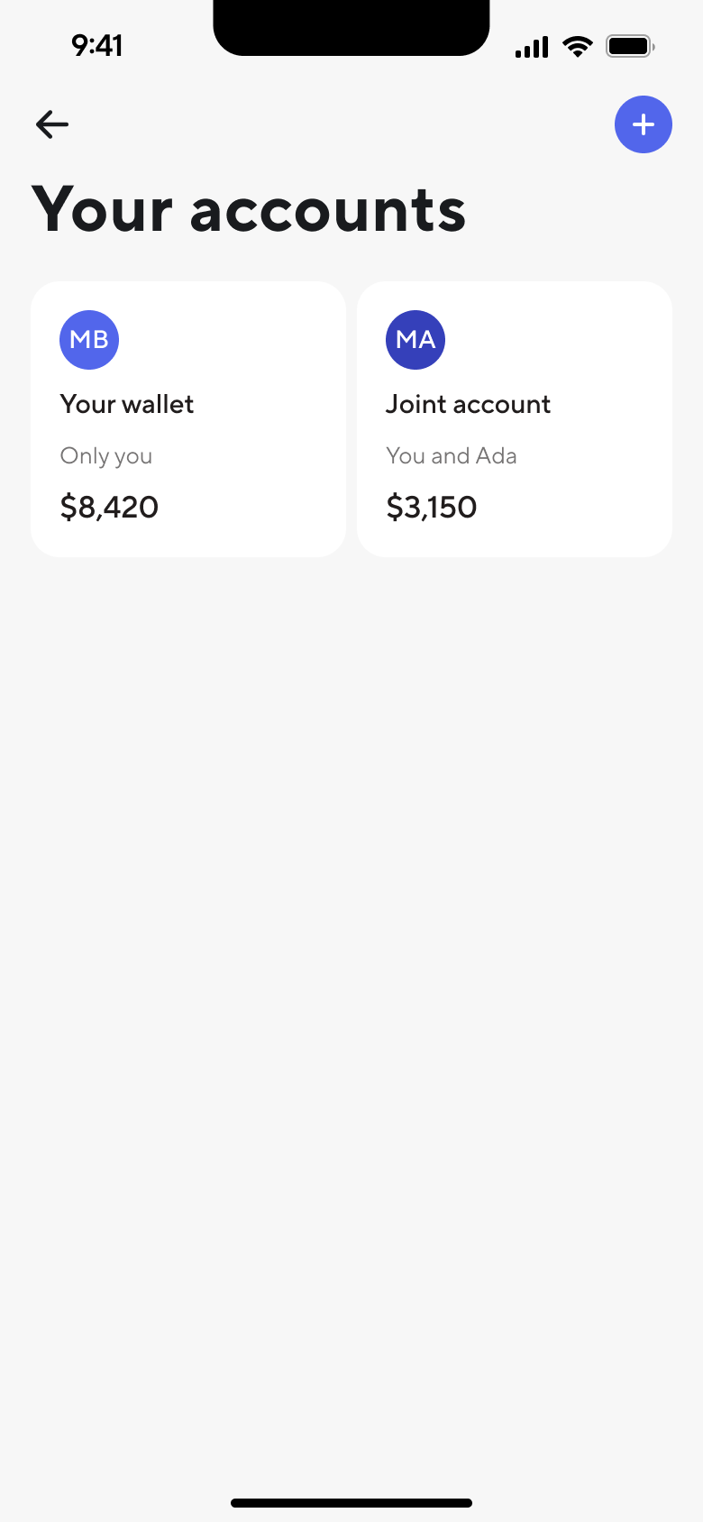 The accounts screen in the Dara app showing two separate balances, a personal wallet holding $8,420 that only you can see and a joint account holding $3,150 shared with Ada