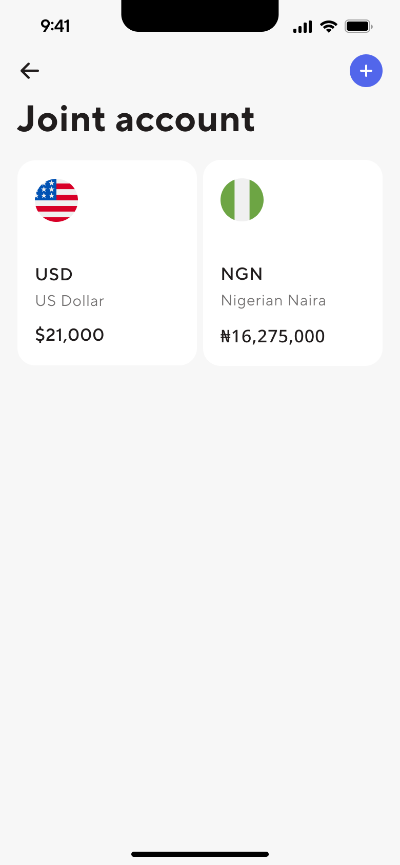 The joint account screen in the Dara app holding two currencies at once, $2,100 in US dollars and ₦16,275,000 in Nigerian naira, each with its country flag