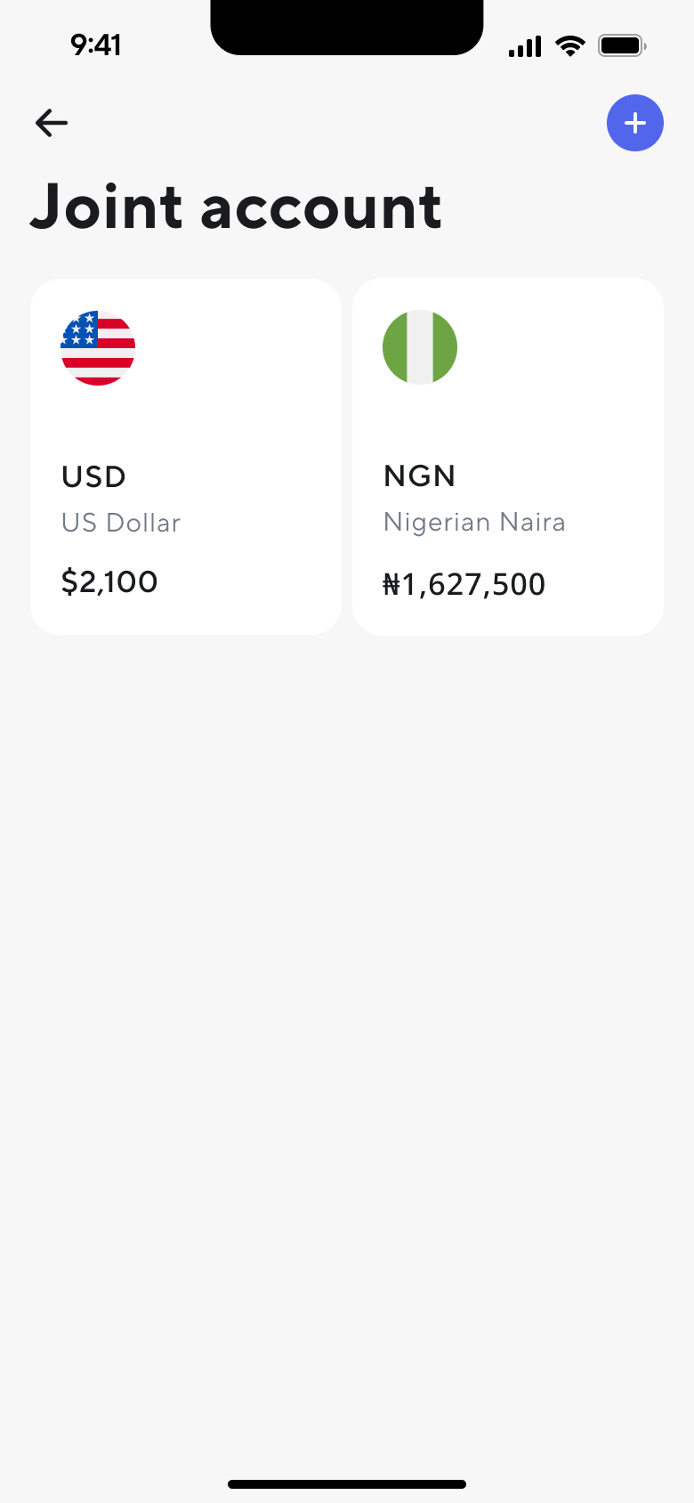 The joint account screen in the Dara app holding two currencies at once, $2,100 in US dollars and ₦1,627,500 in Nigerian naira, each with its country flag