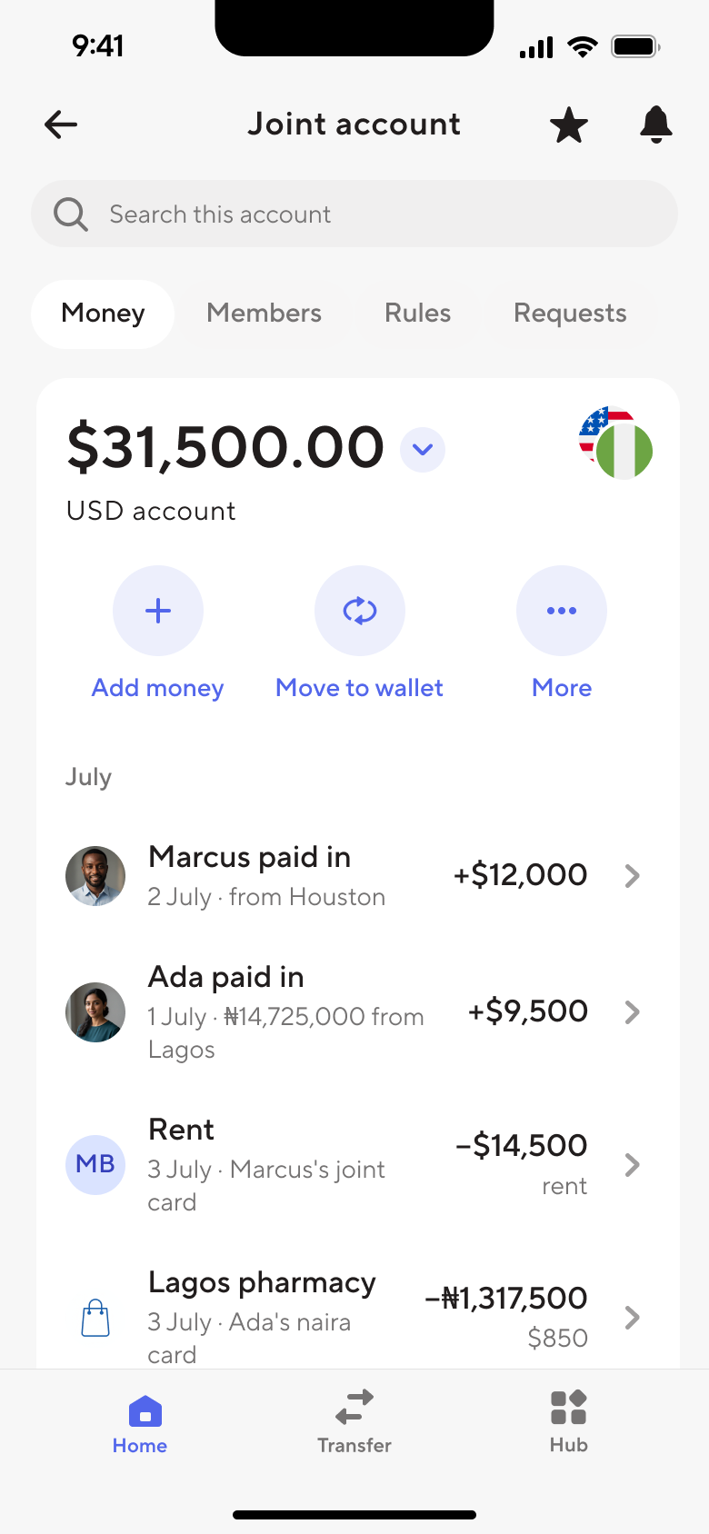 The money tab of a joint account in the Dara app: a $31,500 balance, then Marcus paying in $1,200 from Houston, Ada paying in $950 sent as ₦14,725,000 from Lagos, $1,450 of rent on Marcus's joint card, and a Lagos pharmacy spend of ₦1,317,500 on Ada's naira card