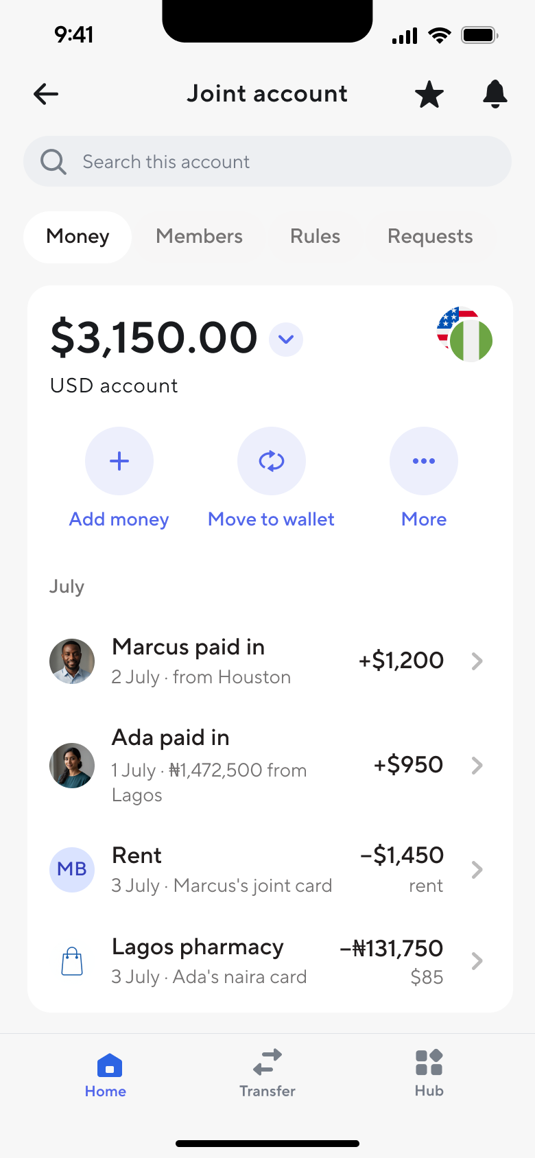 The money tab of a joint account in the Dara app: a $3,150 balance, then Marcus paying in $1,200 from Houston, Ada paying in $950 sent as ₦1,472,500 from Lagos, $1,450 of rent on Marcus's joint card, and a Lagos pharmacy spend of ₦131,750 on Ada's naira card