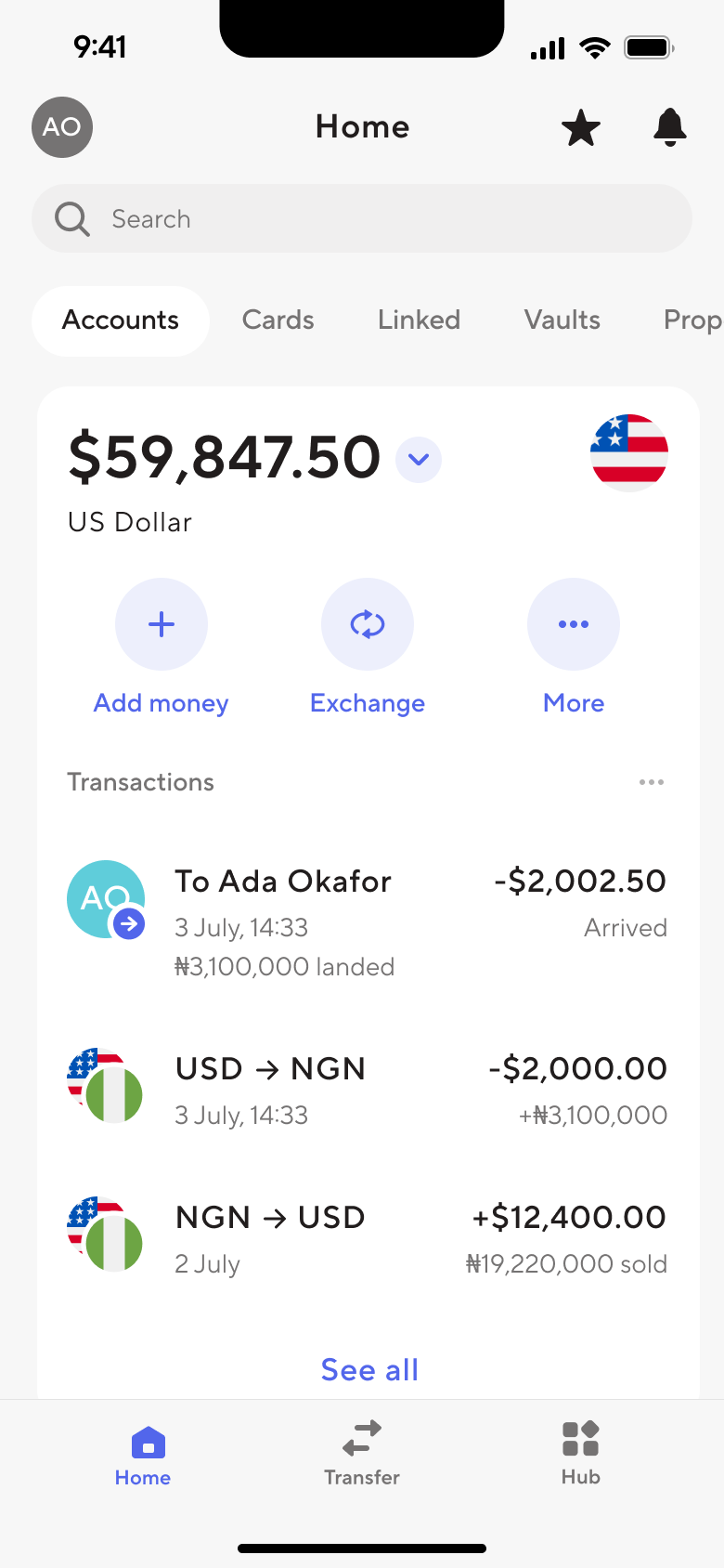 A Dara account home whose transactions run both ways: $2,002.50 sent to Ada Okafor and landed as ₦3,100,000, the USD to NGN leg beneath it, then an NGN to USD leg bringing $1,240.00 in from ₦19,220,000 sold