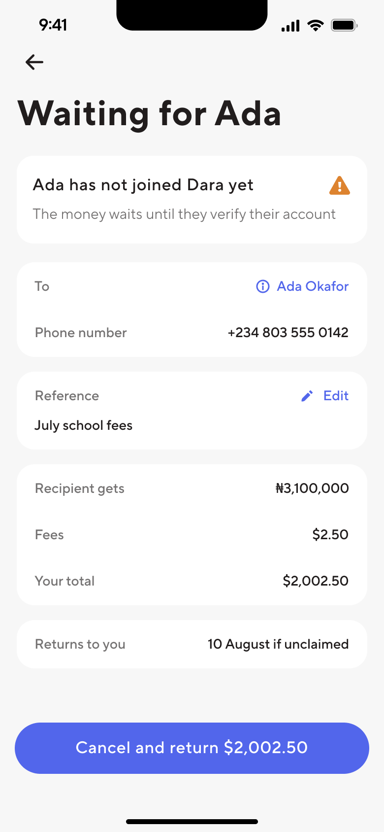 A held Dara transfer for someone who has not joined yet: Ada's phone number, ₦3,100,000 waiting for them, a note that it returns on 10 August if unclaimed, and an action to cancel and return the $2,002.50